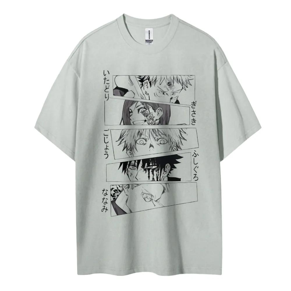 Anime Characters Collage Print Cotton T Shirt 2025 Summer Unisexs Casual Streetwear Loose Fit Japanese Style Black and White