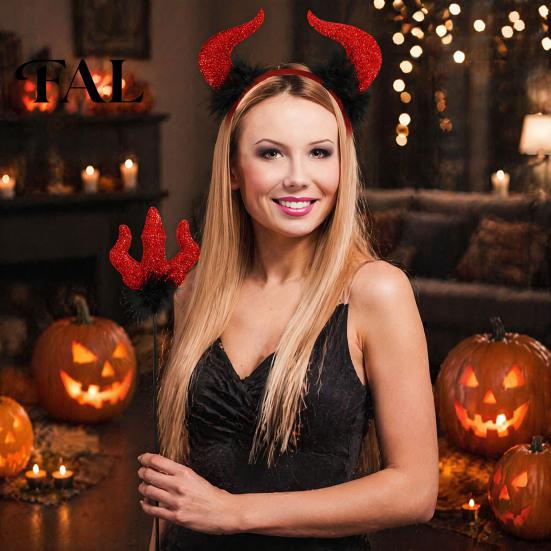 Halloween Costume Accessories Red Devil Costume, Glitter Horn Headband And Trident Prop Cosplay Set for Party Cosplay, Masquerade Performance