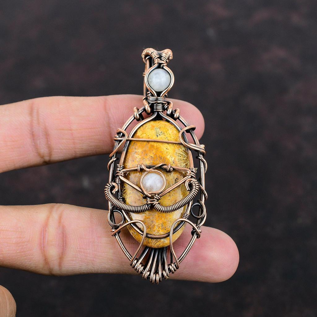 Evil Eye Fossil Coral Pendant Copper Wire Wrapped Pendant Moonstone Pendant Copper Jewelry Handmade Boho Pendant Gemstone Jewelry For Gift