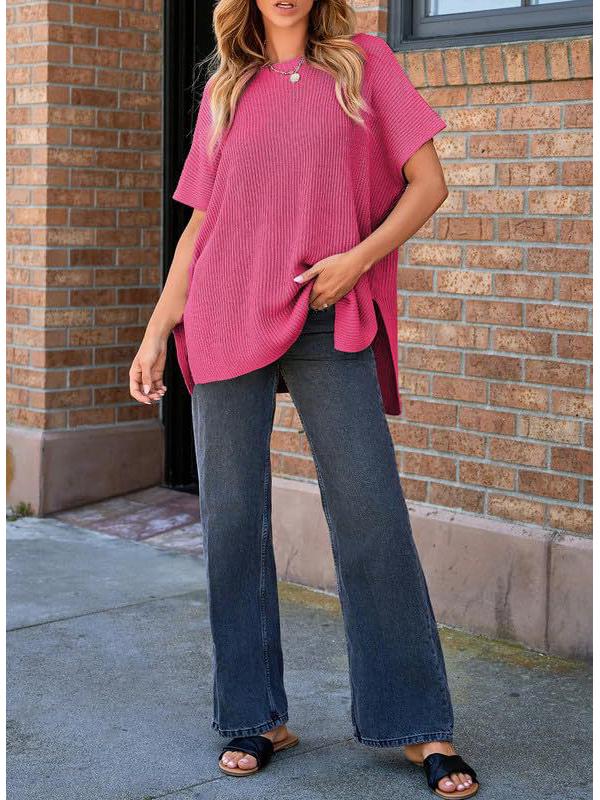 2024 Women's Summer Solid Color Knit Crew Neck Pullover T-Shirt - European & American Casual Loose Fit, Drop Shoulder, Short Sleeve Top