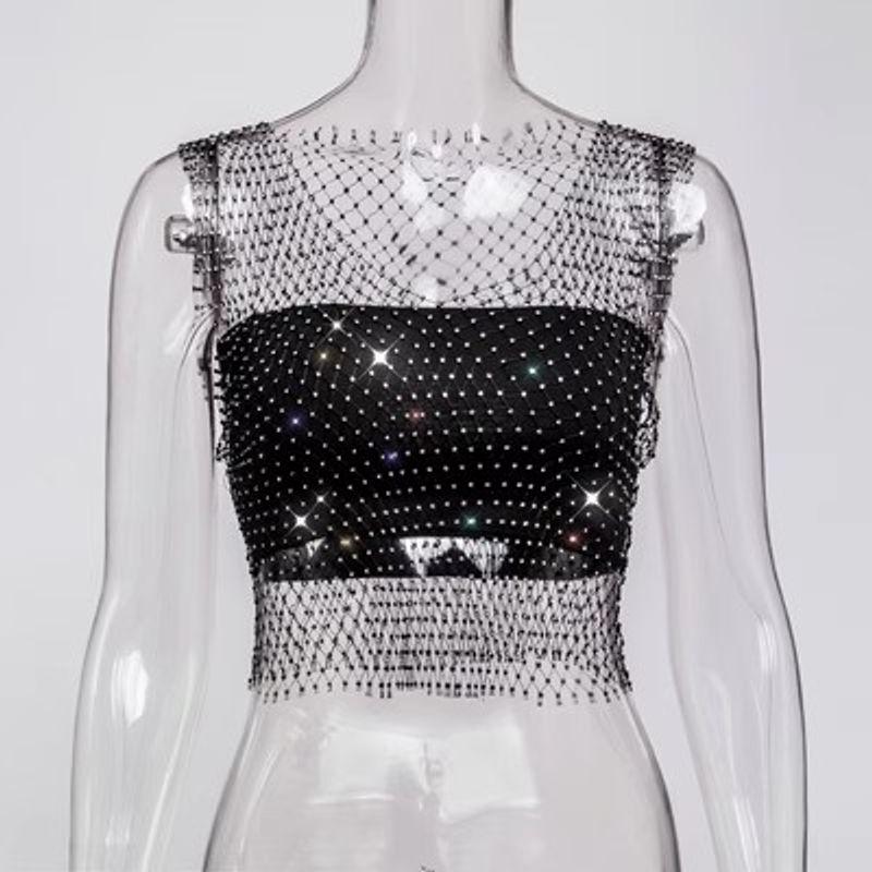 Mesh Rhinestone Top Sleeveless Vest V Neck T-shirt