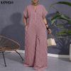 VONDA Womens V Neck Short Sleeve Casual Gingham Plaid Loose Long Wide Leg Jumpsuit Rompers