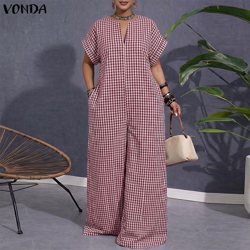 VONDA Womens V Neck Short Sleeve Casual Gingham Plaid Loose Long Wide Leg Jumpsuit Rompers