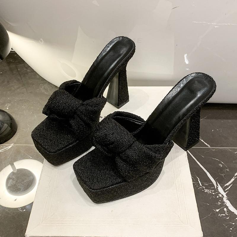 

Водонепроницаемые туфли на платформе на высоком каблуке 2025 лето новые легкие роскошные с квадратным носком открытые с бантом супер высокий каблук крутые шлепанцы женские 40 чёрный