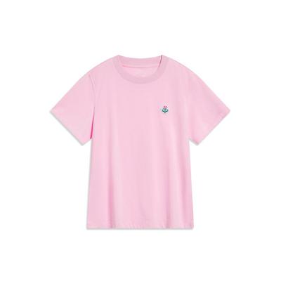 Li Ning Embroidered Floral Round Neck Short Sleeve T-Shirt Women Tops Light-Pink AHST490-4