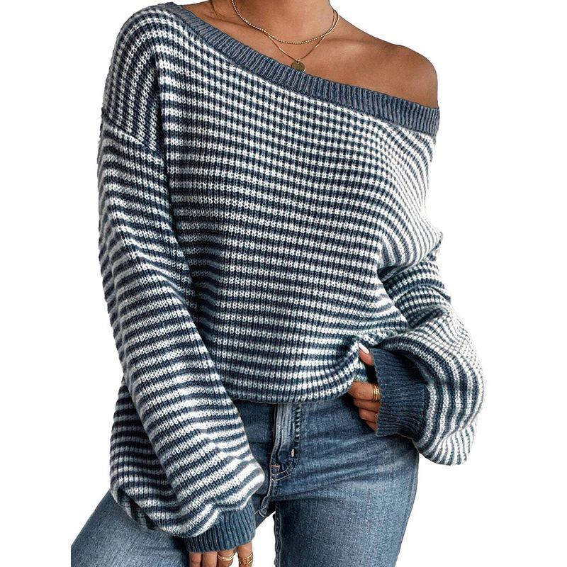 2025 Fashion Loose and Lazy Style Drop Shoulder Stripes Sweater Women Winter New Arrival Thermal Knitting Pullover Tops Women