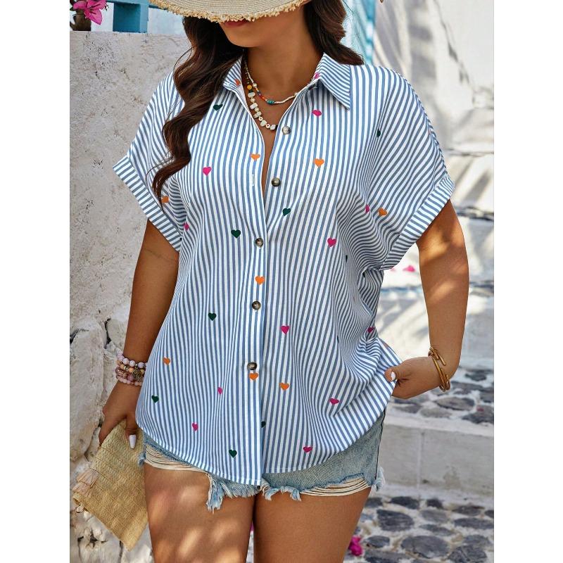 Summer New Fashion Women's Short-sleeved Striped Love Print Casual Shirt