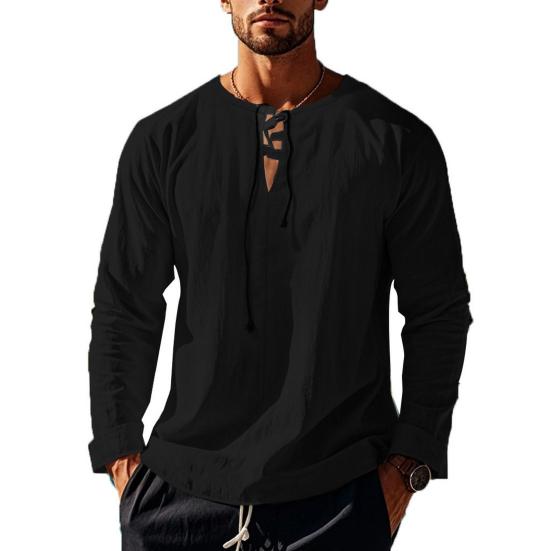 Herren-T-Shirt aus Baumwolle mit V-Ausschnitt, langärmelig, lockere Passform, einfarbig, lässiges Sommeroberteil für den Alltag, Straßenparty, Strand