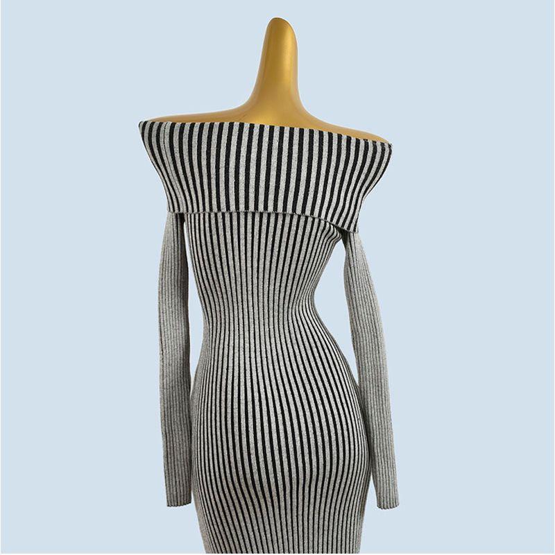 Foreign Trade Order Gyaru Sexy off-Shoulder off-Shoulder Long Sleeve Knitted Dress Women Spring and Autumn Slim Fit Slimming Split Sheath