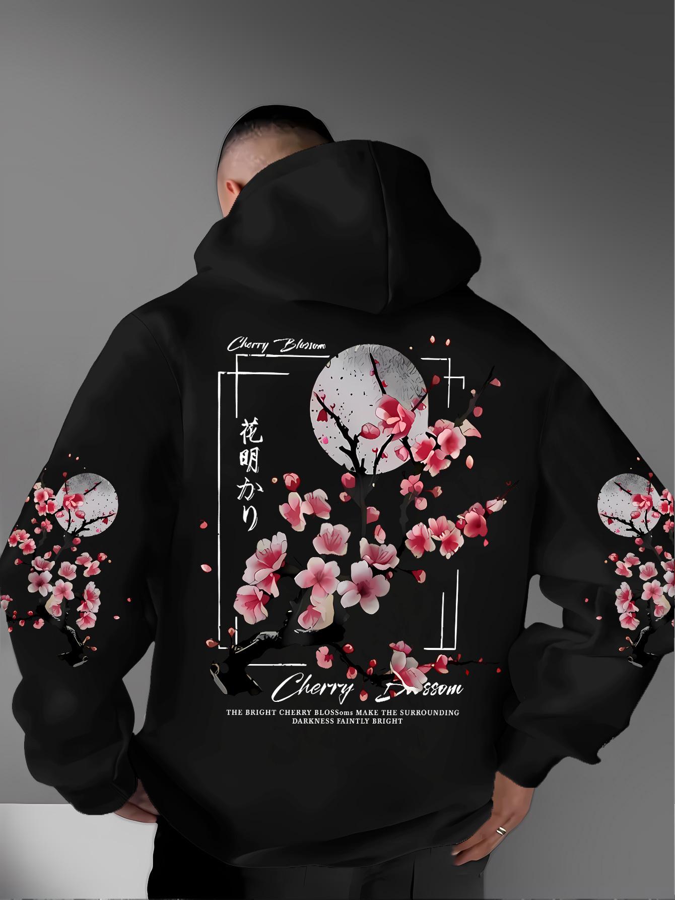 Kirschblüten-Thema Kinder Hip Hop Sport Kapuzenpullover, orientalisches Blumen-Mond-Kunst-Grafikdesign, bequem lockere Passform für lässige Sportausflüge. S schwarz