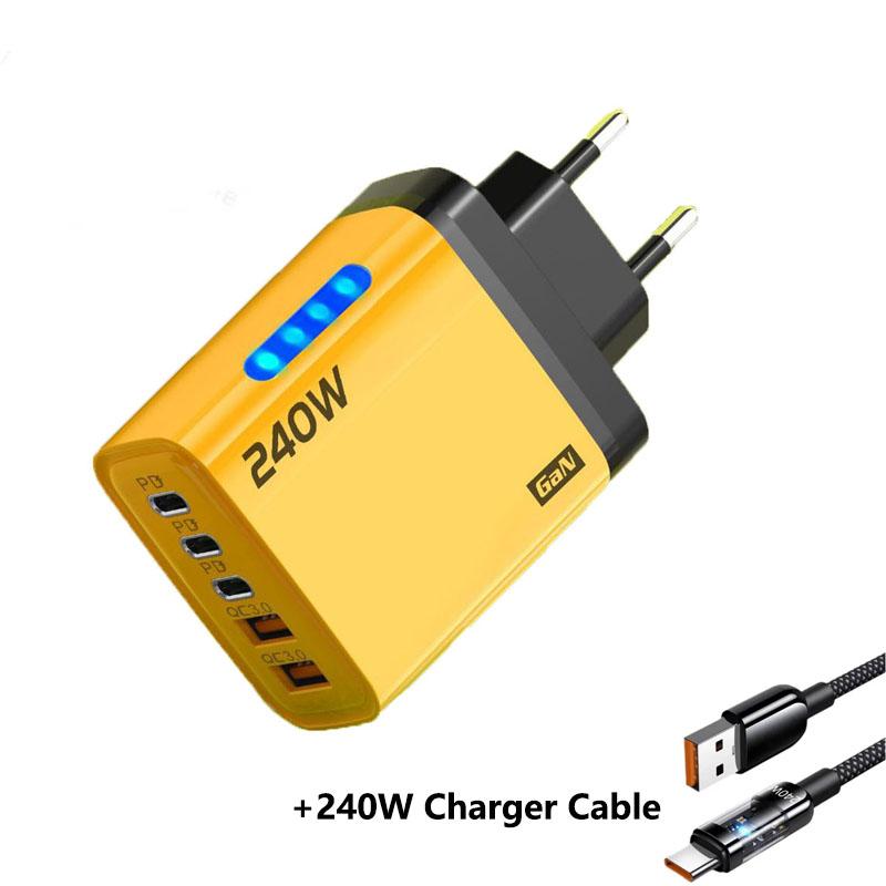 

5 in 1 GaN Desktop Charger 240W Fast Charging Adapter 10A USB To TypeC Cable 3PD 2 USB Charger with 240W Charger Cable EU Plug