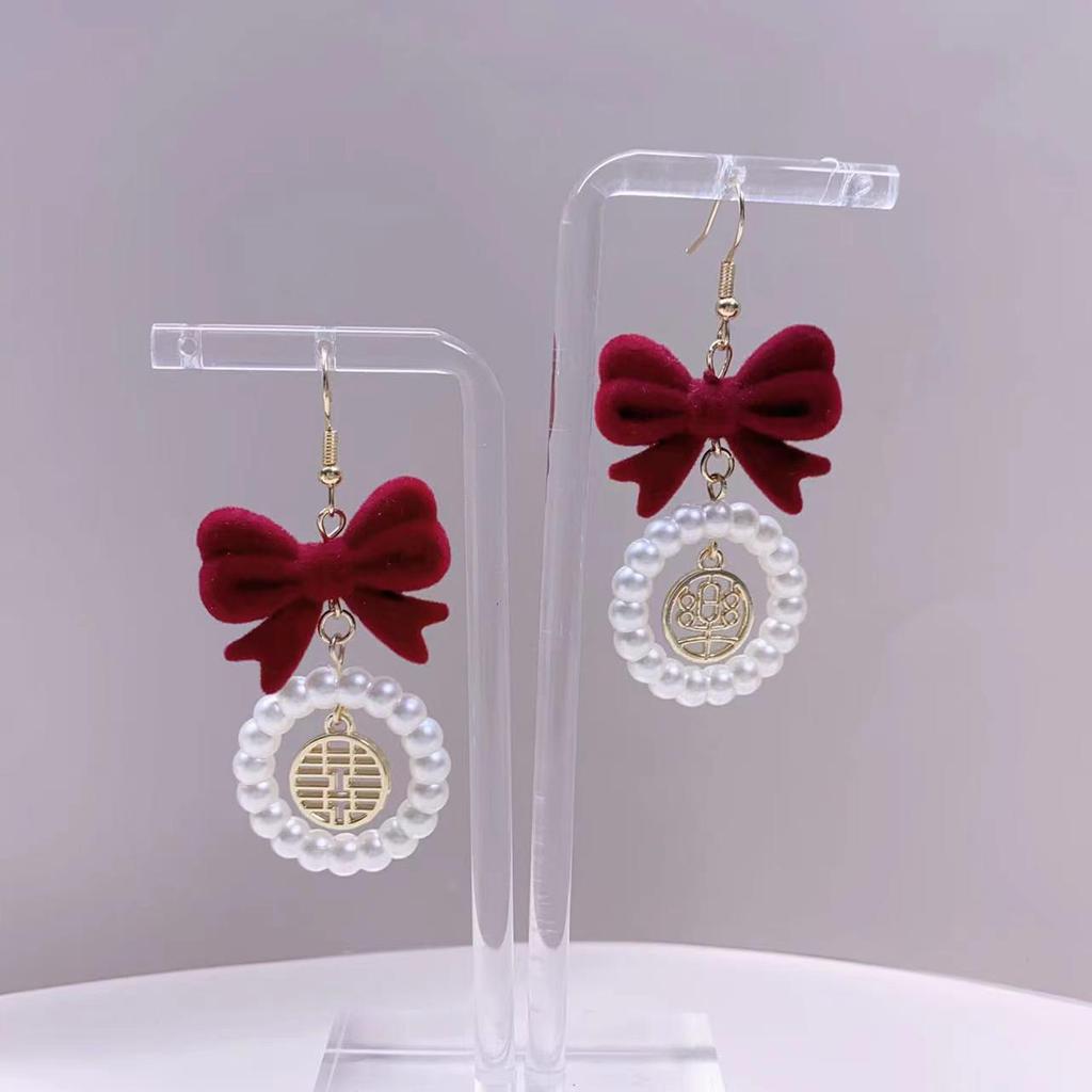 Festive Red Velvet Bow & Pearl Christmas Stud Earrings