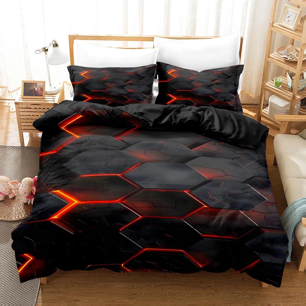 3Pcs Magic Theme Colorful Glowing Polygonal Grid Pattern Bedding Set Pillowcases King Queen Twin Double Size Comforter set