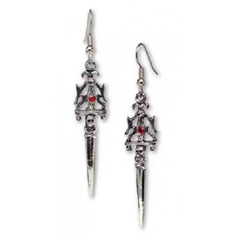 Gothic Skull Sword Dangle Earrings with Cross Design