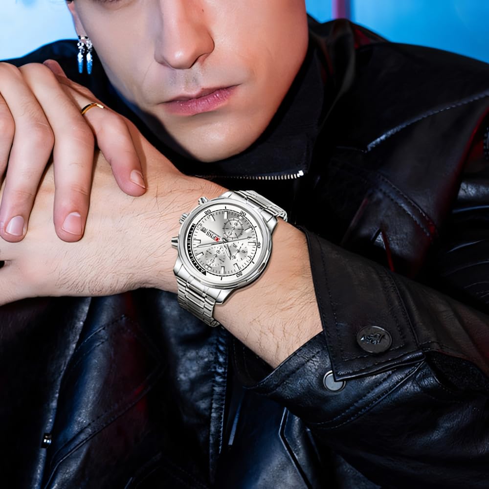 Men's Business and Leisure Watch with Three Eyes Six Needles Quartz Movement Night Light Display Waterproof Wristwatch