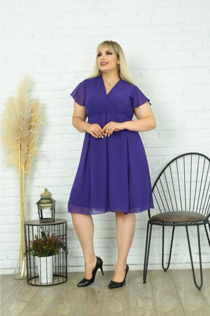 Women's Big Size Dress Purple Double Breasted Collar Plus Size Lined Chiffon Dress