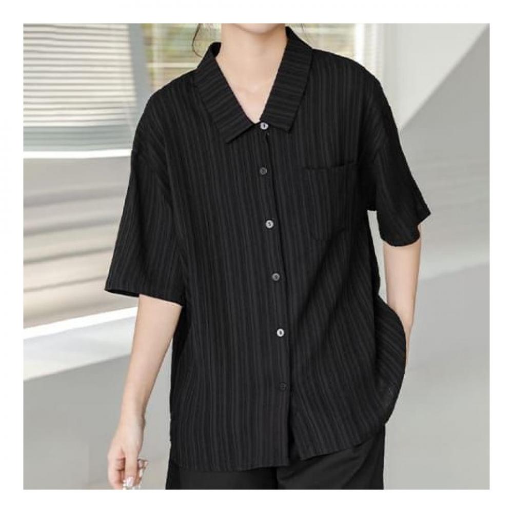 Navava Women Casual Solid Loose Fit Short Sleeve Shirt Nb2106