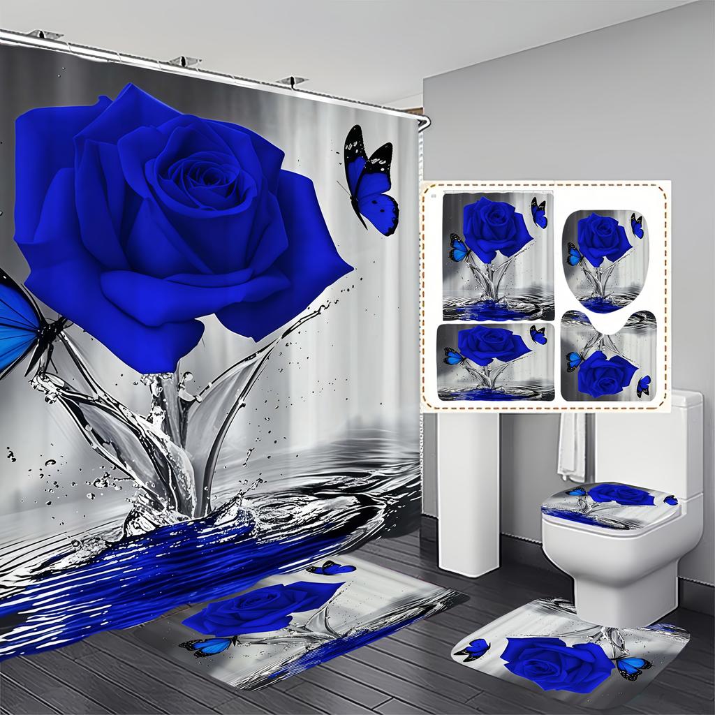 Dunkelblau Rose Schmetterling Muster Duschvorhang Set, Rutschfester Badezimmerteppich, Toiletten-U-förmiges Kissen, Toilettensitzbezug Kissen