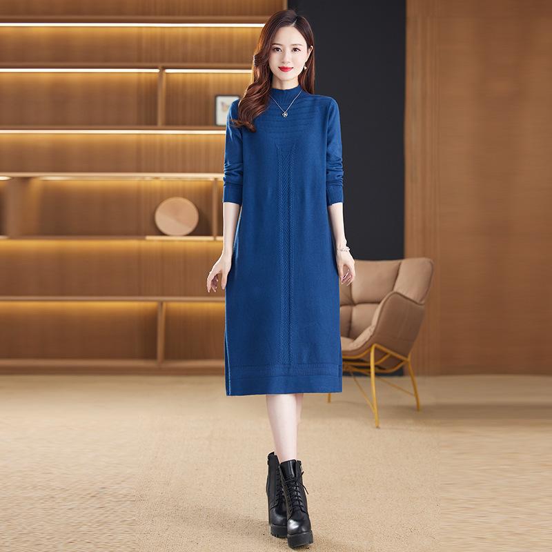 

Long Length Sweater Dress Women s Autumn and Winter Plus Size Loose Knitted Dress Semi High Neck Knitted Sweater S синій