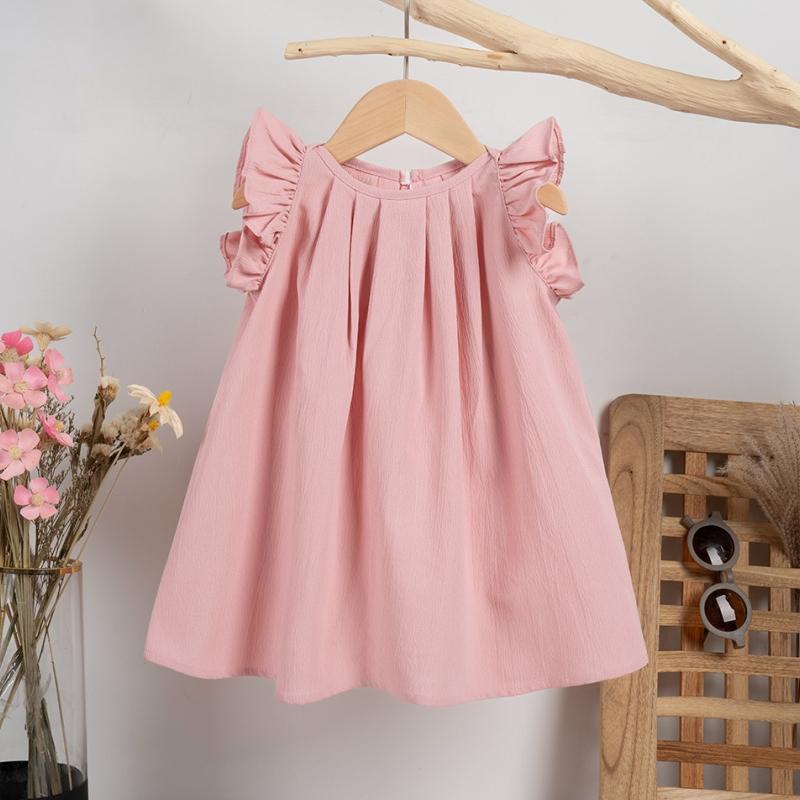Toddler Girl Solid Dresses Kids Cute Little Flying Sleeves Dresses Summer Baby Girl Casual Clothing Princess Party Clothes