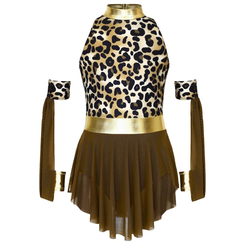Girls Prehistoric Costume Leopard Print Dress with Built-in Briefs & Oversleeves Metallic Gloss for Performance