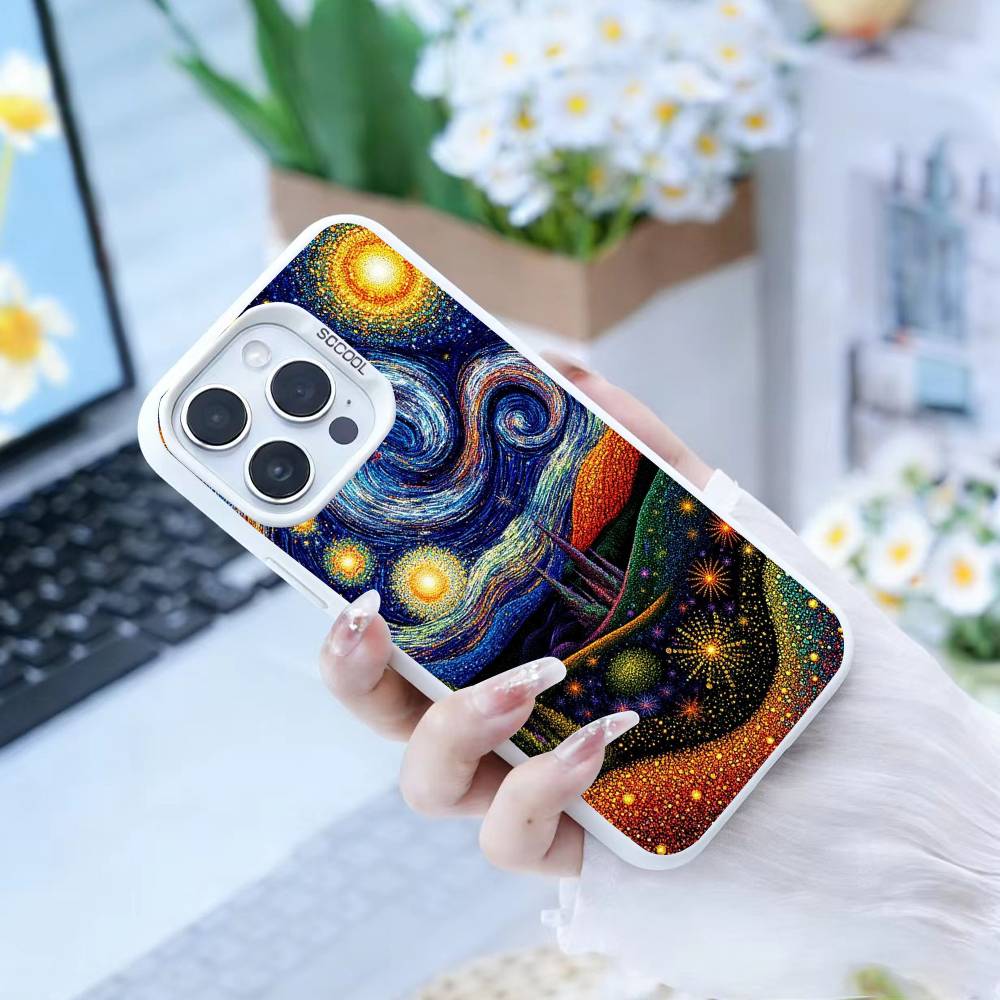 Whimsical Landscape Starry Night Phone Case For iPhone17, 16,15,14,13,12 Pro Max Black Candy Matte Shockproof Cover