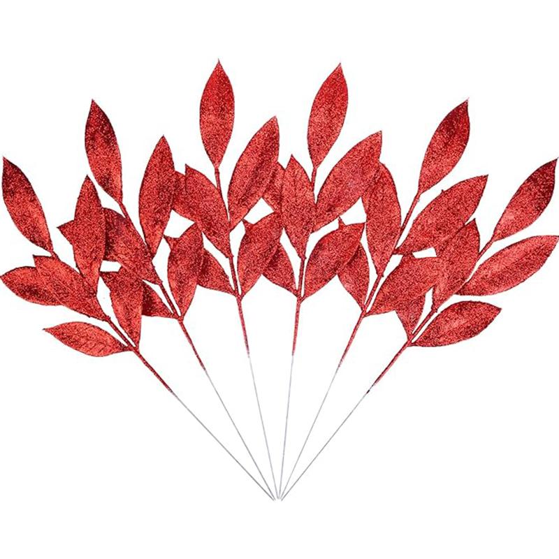 5Pcs Christmas Decoration Glitter Artificial Leaves Bouquet Xmas Tree for Home Decor DIY Wreath Crafts Gift Garland Accessories