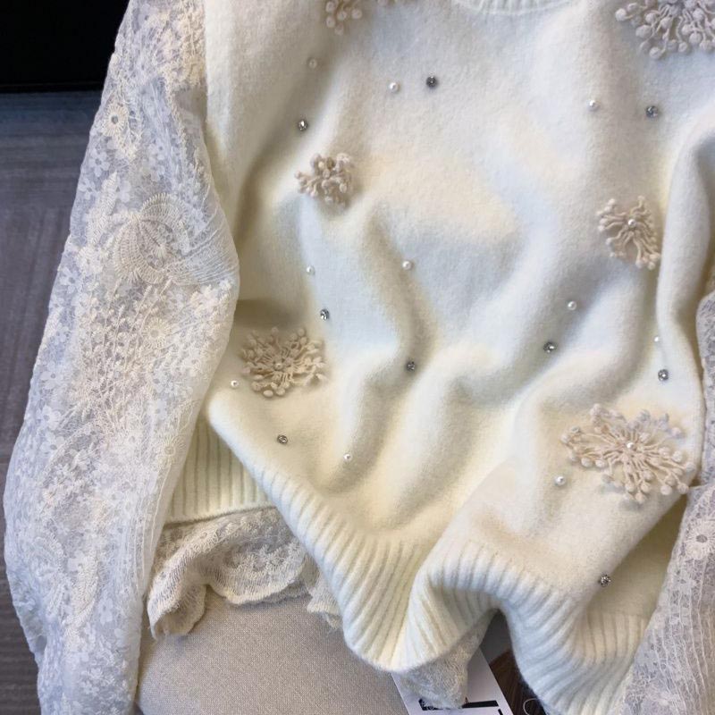 Set Top for Women Winter Flower Knit Sweater Vest Lace Slim Long Sleeve Bottom Shirt Two Piece Set