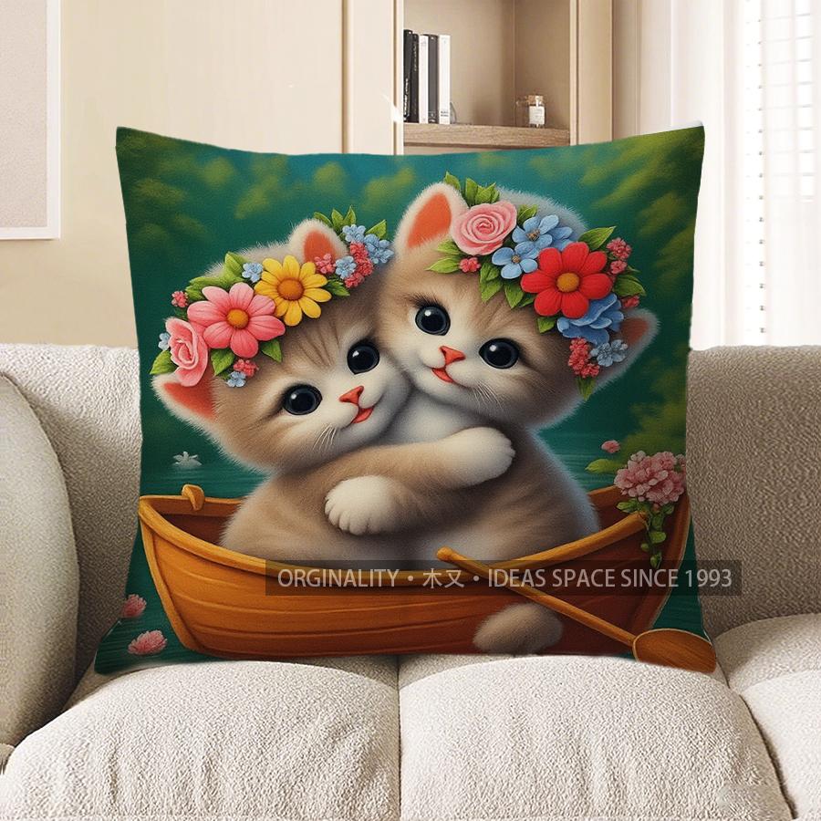 Home Decor Cute Kittens With Flowers And Butterflies Pillow Pattern Cushion Cover Suitable For Sofa Bedroom Car Pillow Cover