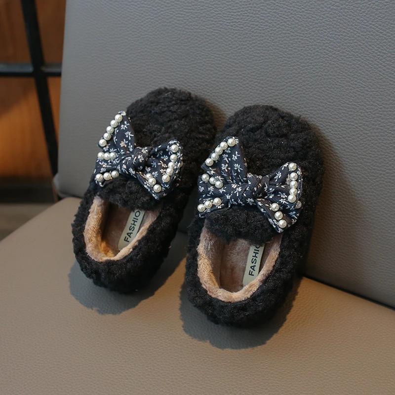 2024 New Girls Moccasin Shoes Bow with Pearls Solid Color Round-toe Children Fashion Plush Cotton Shoes Spring and Autumn Flat
