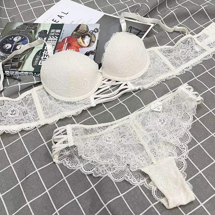 French Sexy Strap Lace Underwear Women's Upper Thin Lower Thick Gather Bra Deep V Big Bust Small Bra