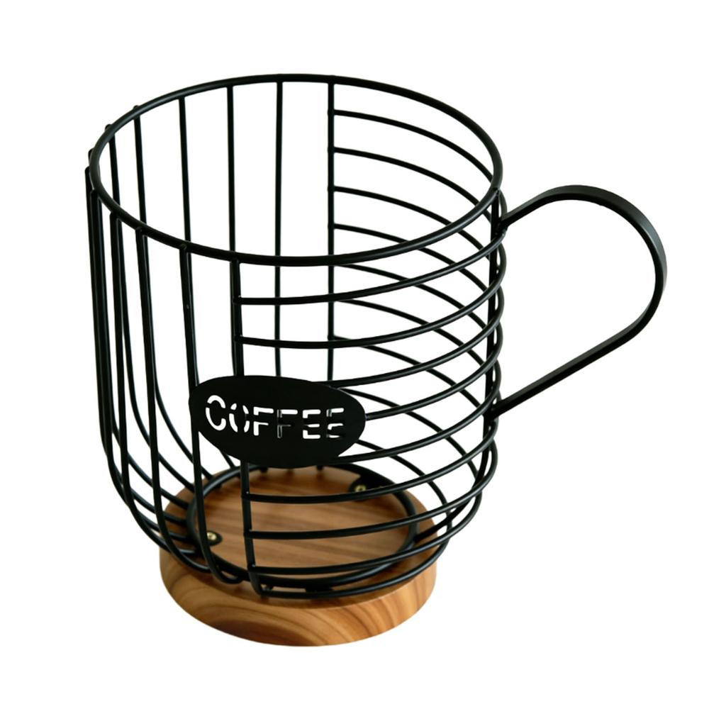 Metal Coffee Pod Wire Basket with Wooden Base Large Capacity Coffee Pod Holder for Kitchen Countertops Office Coffee