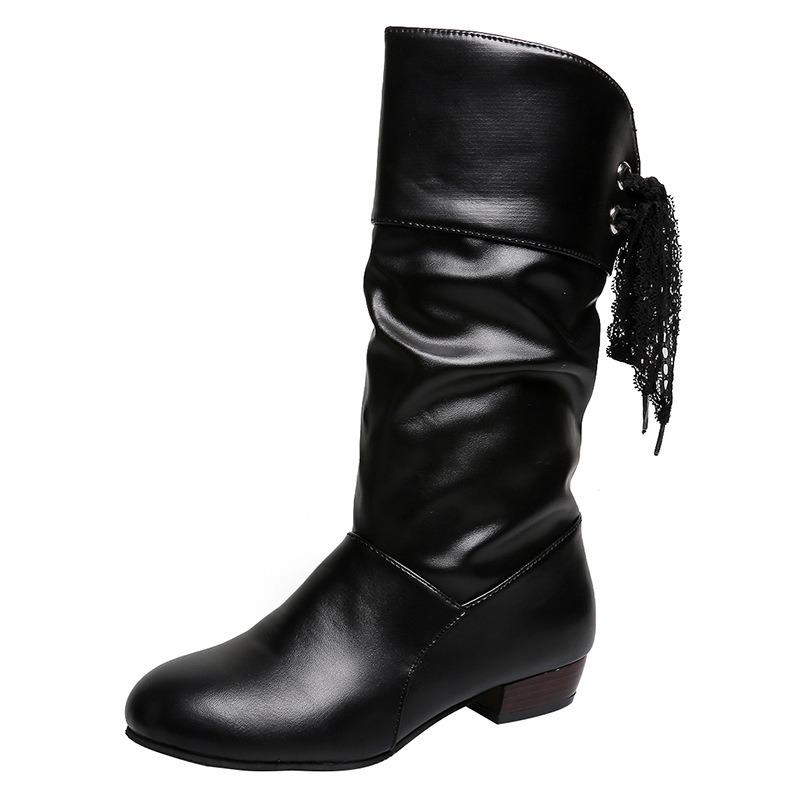 Foreign trade autumn large size student knight boots cross-border supply low heel round head rear lace-up thermal mid-tube boots