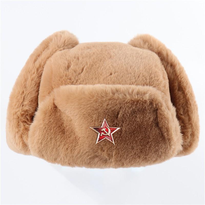 Warm Winter Military Style Earflap Hat Men Women With Embroidered Soviet Emblem Faux Fur Lined Outdoor Cap