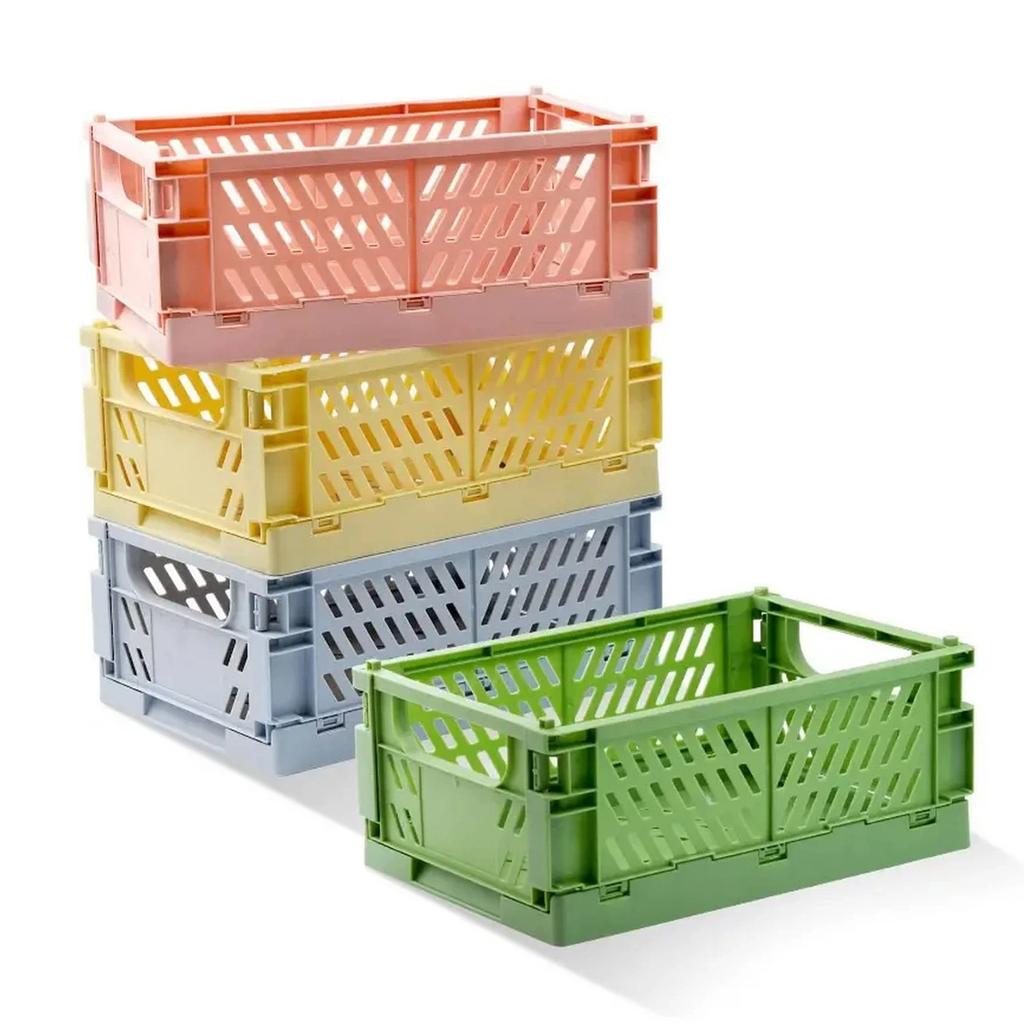 Pastel Plastic Folding Baskets Cute Colorful Organizing Crates for Desktop Drawer Shelf Storage Boxes