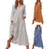 Women Bohemian Cotton Linen Dress Oversized V-neck Long Sleeve Swing Dress Pleated