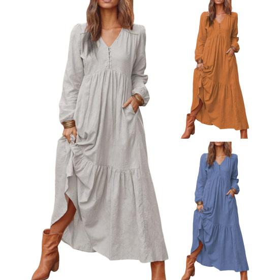 Women Bohemian Cotton Linen Dress Oversized V-neck Long Sleeve Swing Dress Pleated