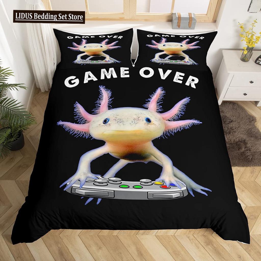 Cute Axolotl Duvet Cover Set Full Size Cartoon Salamander Bedding Set Kawaii Animals Comforter Cover Constellation Black Decor