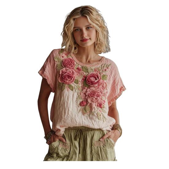 

Women Tops Round Neck Short Sleeve Retro Floral Art Print Pullover Tops Loose Fit Soft Fabric Casual Summer Shirt S