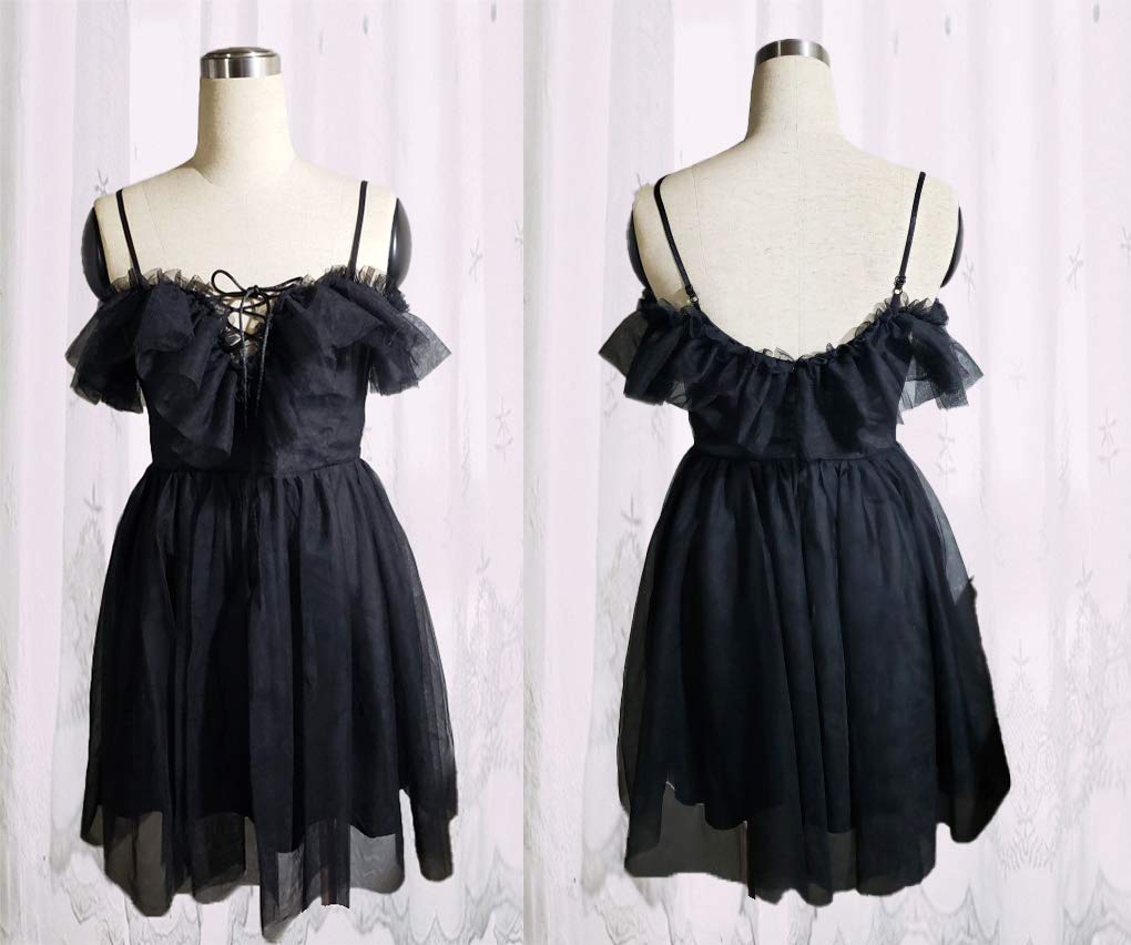 SUNNYSTEP Sexy Devilish Black Lolita Sheer Tulle for Girls Lingerie, Dress, Off-the-Shoulder, Stylish, Gothic, Dark, Lace-Up, (Black, L)
