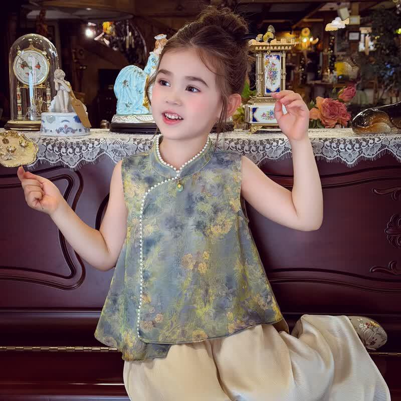 MIMIHELLO Girls' Chinese Style Sleeveless Top & Wide-Leg Pants Set