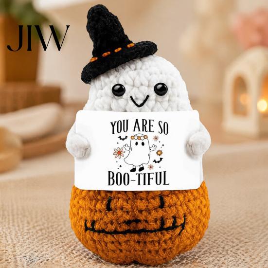 Pocket Sized Anxiety Relief Figurine Hand Knitted Halloween Ghost Ornament, Crochet Plush Doll with Warm Hearted Gift for Students Encouragement Card,