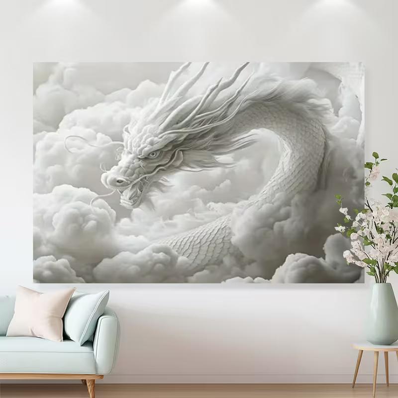 2D Majestätischer Chinesischer Drache Wandteppich Weiße Wolken Mystischer Wandhintergrund