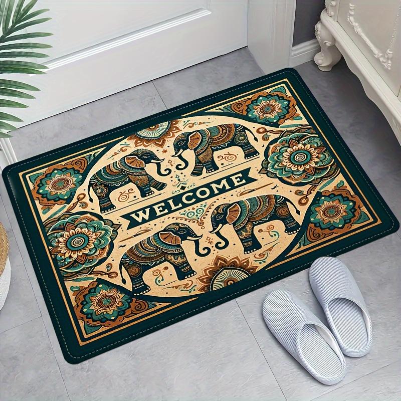 Luxury Flannel Floor Mat Carpet with Thick Sponge Cushion,Non-Slip Washable Vintage Elephant Design for Bedroom Kitchen Bathroom