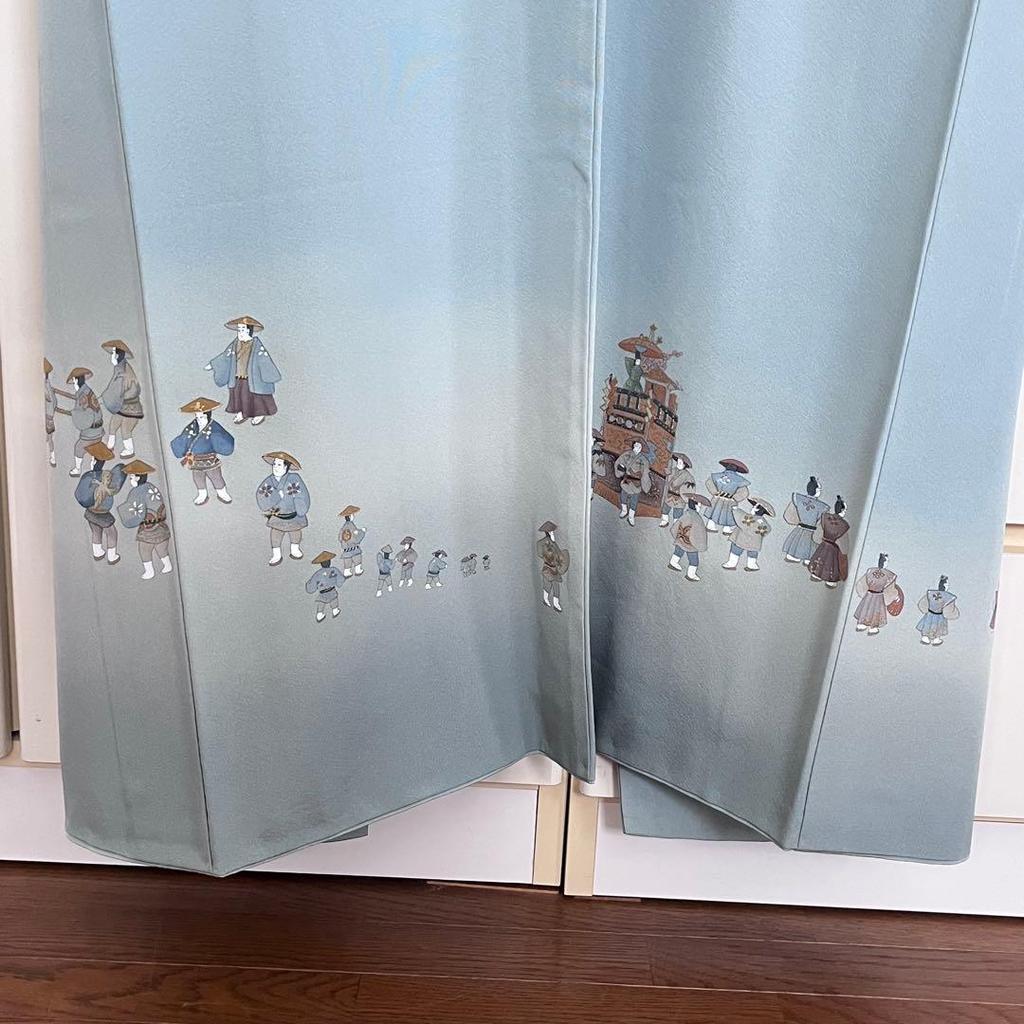 Used Pale green kimono, human pattern, Japanese pattern, Japanese clothes, retro, antique, vintage