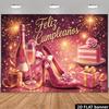 Fundal 2D Aur Roz „Feliz Cumpleaños”, Fundal Petrecere Tort & Artificii
