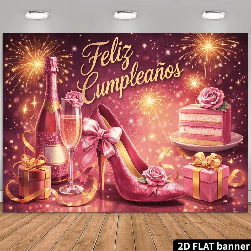 

2D Pink Gold Feliz Cumpleaños Backdrop, Cake & Fireworks Party Background 47.2x31.5inch/120*80cm