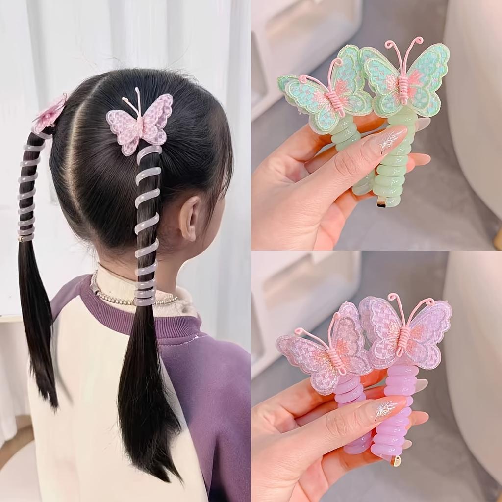 2pcs Cute Butterfly Phone Cord Hair Ties for Kids, High Elasticity Resin Hair Bands, All-Season Casual Wear, Knit Fabric Weaving Method