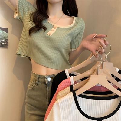 T-shirt à col carré et manches courtes à blocs de couleurs pour femmes en été Style français Fille épicée Haut de base tricoté Haut à épaule avant