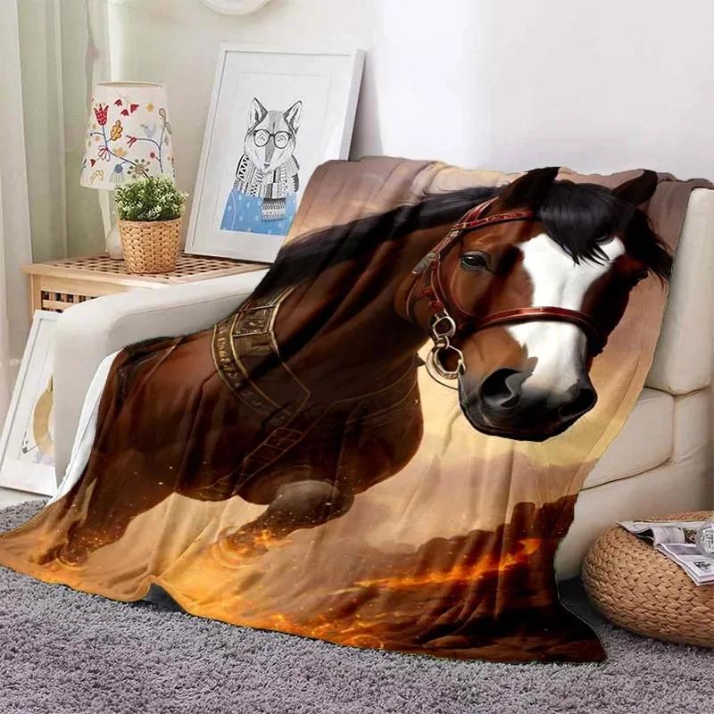 3D Cartoon Horse Print Flannel Throw Blanket – Soft Warm Picnic Blanket, Retro Home & Travel Birthday Gift, Cozy Comfort